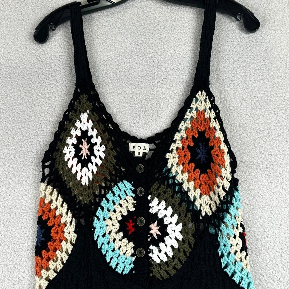 POL Crochet Granny Square Mini Dress Womens Small Black Boho‎ Festival FWT240